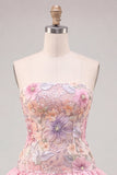 Vestido de bienvenida rosa rosa floral en línea A con tirantes y lentejuelas