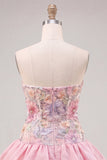 Vestido de bienvenida rosa rosa floral en línea A con tirantes y lentejuelas
