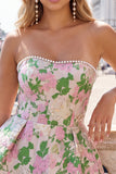 Vestido de bienvenida a casa Sweetheart Pink Flower Jacquard Pearls con lazo