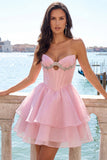 Vestido de bienvenida a casa con corsé rosa A-line con capas y abalorios