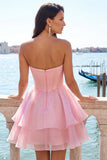 Vestido de bienvenida a casa con corsé rosa A-line con capas y abalorios
