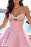 Vestido de bienvenida a casa con corsé rosa A-line con capas y abalorios