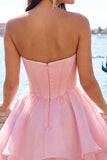 Vestido de bienvenida a casa con corsé rosa A-line con capas y abalorios