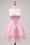 Vestido de bienvenida a casa con corsé rosa A-line con capas y abalorios