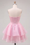 Vestido de bienvenida a casa con corsé rosa A-line con capas y abalorios