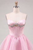 Vestido de bienvenida a casa con corsé rosa A-line con capas y abalorios