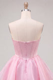 Vestido de bienvenida a casa con corsé rosa A-line con capas y abalorios