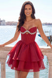 Vestido de bienvenida a casa con corsé rosa A-line con capas y abalorios
