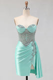 Sweetheart Mint Green Corsé fruncido, cordón en la espalda con cuentas y fajilla