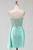 Sweetheart Mint Green Corsé fruncido, cordón en la espalda con cuentas y fajilla