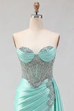 Sweetheart Mint Green Corsé fruncido, cordón en la espalda con cuentas y fajilla
