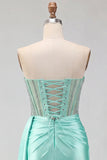 Sweetheart Mint Green Corsé fruncido, cordón en la espalda con cuentas y fajilla