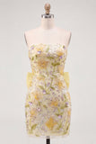 Vestido de bienvenida a casa con lentejuelas florales sin tirantes amarillo bodycon lentejuelas