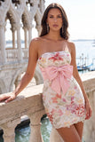Vestido rosa Bodycon Bodycon Sin tirantes Florales de Lentejuelas Con Cordones Traseros y Lazo