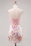 Vestido rosa Bodycon Bodycon Sin tirantes Florales de Lentejuelas Con Cordones Traseros y Lazo