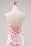 Vestido rosa Bodycon Bodycon Sin tirantes Florales de Lentejuelas Con Cordones Traseros y Lazo