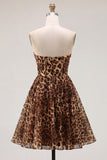 Vestido corto sin tirantes de leopardo marrón A-Line con abalorios