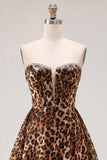 Vestido corto sin tirantes de leopardo marrón A-Line con abalorios