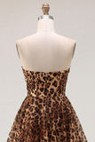 Vestido corto sin tirantes de leopardo marrón A-Line con abalorios