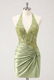 Vestido de Homecoming verde verde Army, con cuello halter y flor fruncido, satín con cuentas y cuentas