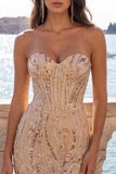 Vestido de bienvenida de bienvenida con lentejuelas bodycon champán sin tirantes y encaje en la espalda