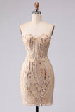Vestido de bienvenida de bienvenida con lentejuelas bodycon champán sin tirantes y encaje en la espalda