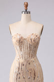 Vestido de bienvenida de bienvenida con lentejuelas bodycon champán sin tirantes y encaje en la espalda