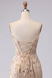 Vestido de bienvenida de bienvenida con lentejuelas bodycon champán sin tirantes y encaje en la espalda
