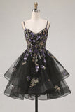 Vestido de bienvenida a casa, negro negro floral de tirantes finos con tirantes finos, con encaje en la espalda