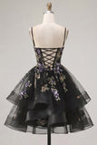 Vestido de bienvenida a casa, negro negro floral de tirantes finos con tirantes finos, con encaje en la espalda