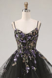 Vestido de bienvenida a casa, negro negro floral de tirantes finos con tirantes finos, con encaje en la espalda