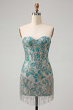 Corsé azul Lake Sweetheart Jacquard se pone el vestido de bienvenida con flecos