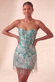 Corsé azul Lake Sweetheart Jacquard se pone el vestido de bienvenida con flecos