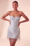 Corsé azul Lake Sweetheart Jacquard se pone el vestido de bienvenida con flecos