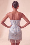 Corsé azul Lake Sweetheart Jacquard se pone el vestido de bienvenida con flecos