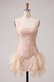 Vestido de bienvenida ajustado ajustado con escote cuadrado champán jacquard y cordones en la espalda
