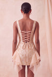 Vestido de bienvenida ajustado ajustado con escote cuadrado champán jacquard y cordones en la espalda