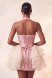 Vestido de bienvenida a casa, con escote halter y escote halter, flor con encaje en la espalda y volantes