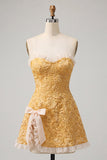 Sweetheart Jacquard amarillo Vestido de A-Line con volantes con encaje en la espalda y abertura