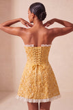 Sweetheart Jacquard amarillo Vestido de A-Line con volantes con encaje en la espalda y abertura