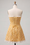 Sweetheart Jacquard amarillo Vestido de A-Line con volantes con encaje en la espalda y abertura