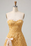 Sweetheart Jacquard amarillo Vestido de A-Line con volantes con encaje en la espalda y abertura