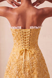 Sweetheart Jacquard amarillo Vestido de A-Line con volantes con encaje en la espalda y abertura
