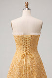 Sweetheart Jacquard amarillo Vestido de A-Line con volantes con encaje en la espalda y abertura
