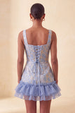 Corsé azul con escote cuadrado y cordones en la espalda Jacquard Bodycon vestido de bienvenida con volantes