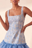 Corsé azul con escote cuadrado y cordones en la espalda Jacquard Bodycon vestido de bienvenida con volantes