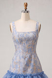 Corsé azul con escote cuadrado y cordones en la espalda Jacquard Bodycon vestido de bienvenida con volantes