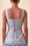 Corsé azul con escote cuadrado y cordones en la espalda Jacquard Bodycon vestido de bienvenida con volantes