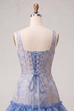 Corsé azul con escote cuadrado y cordones en la espalda Jacquard Bodycon vestido de bienvenida con volantes