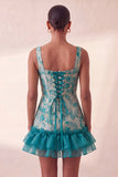Corsé azul con escote cuadrado y cordones en la espalda Jacquard Bodycon vestido de bienvenida con volantes
